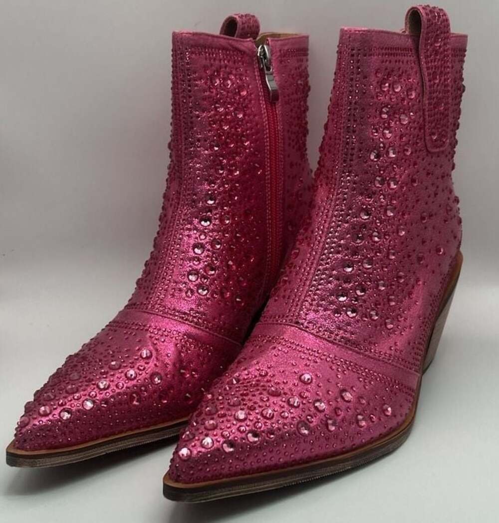 ISNOM Metallic Pink Rhinestone Western Ankle Boots